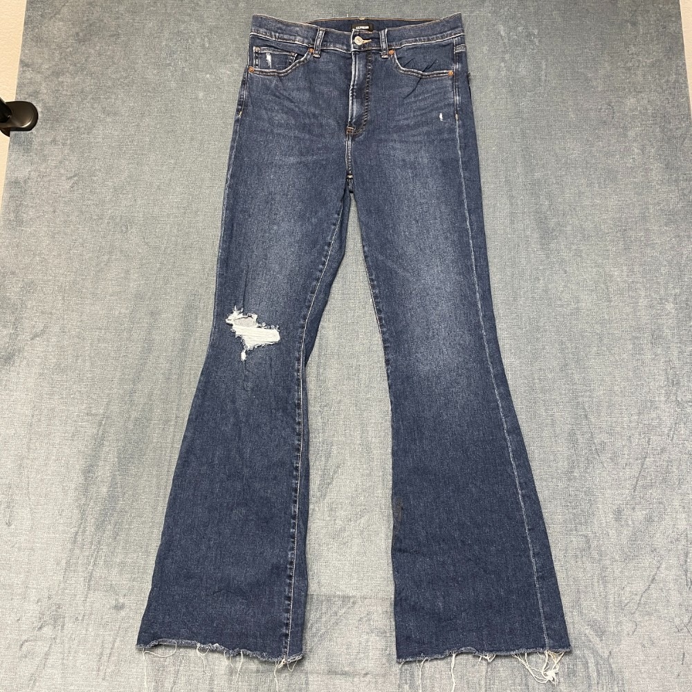 Express Flare Leg Jeans Womens 10R Blue Denim Frayed Hem High Rise Distressed